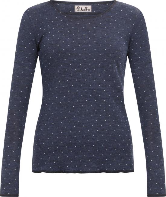 Wolle-Damenshirt Langarm in Jeansblau mit hellen Tupfen von Jalfe