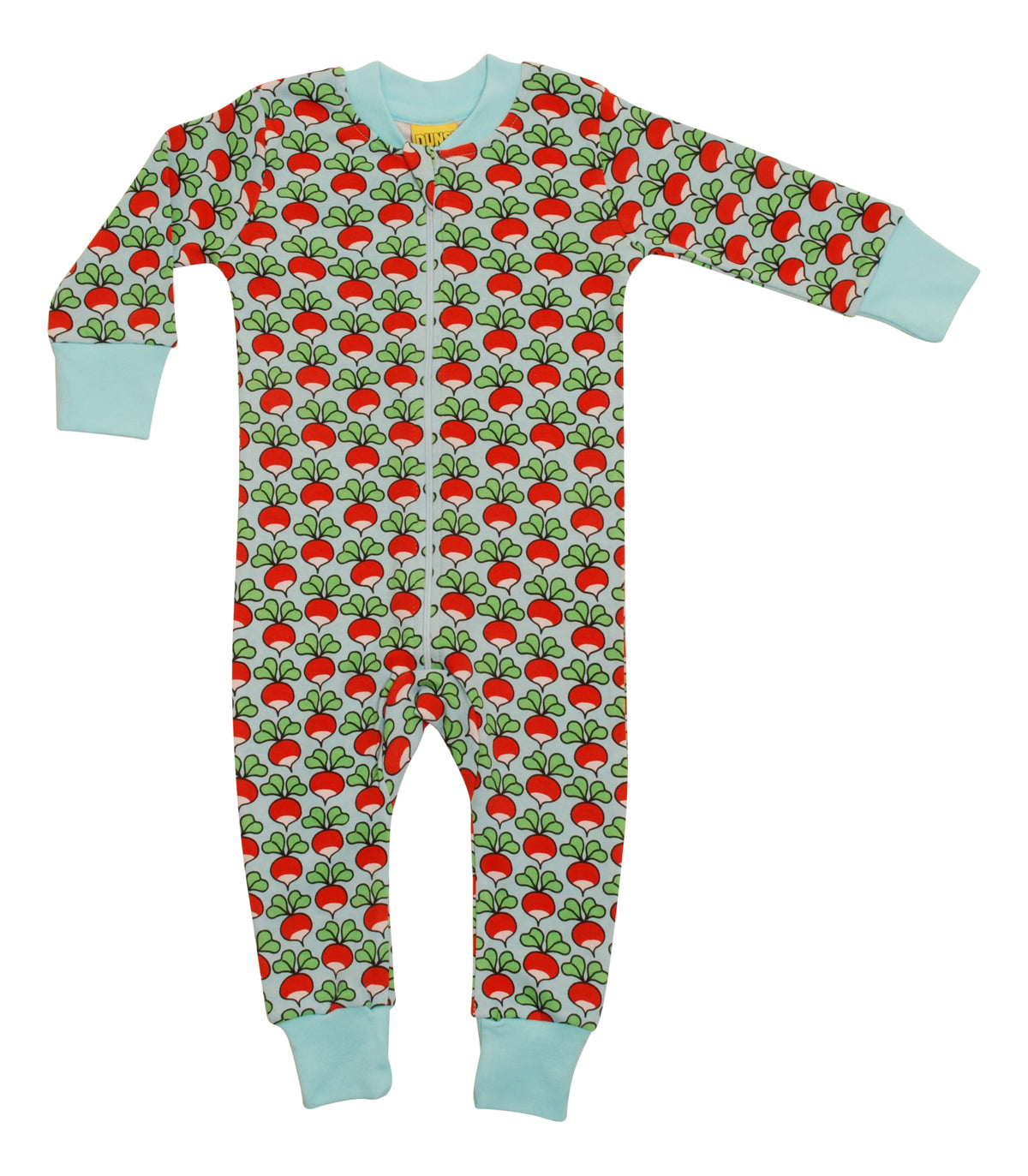 Einteiler-Pyjama mit Radiesli auf Wasserblau