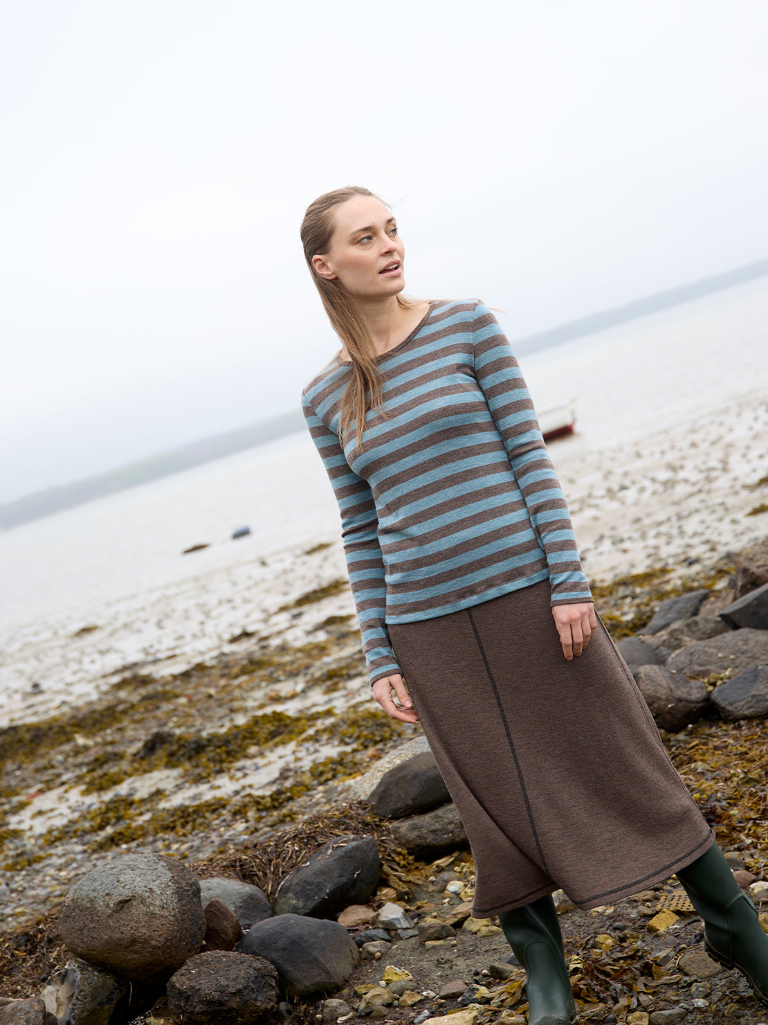 Wolle-Shirt breit gestreift Wood-Aqua Melange von Jalfe