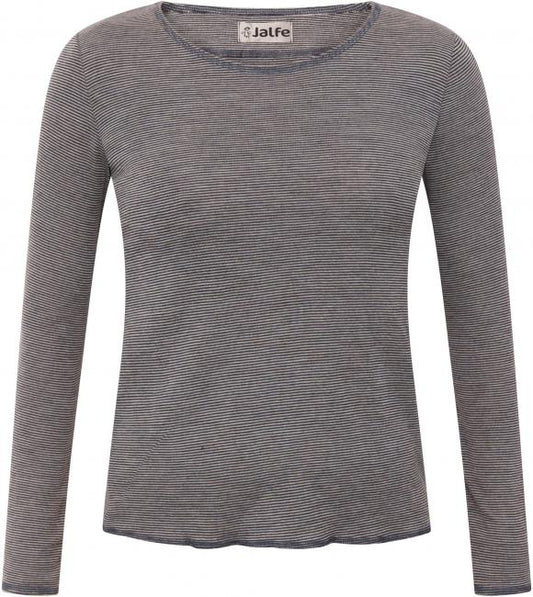 Wolle-Damenshirt Langarm fein gestreift Natur/Jeansblau von Jalfe