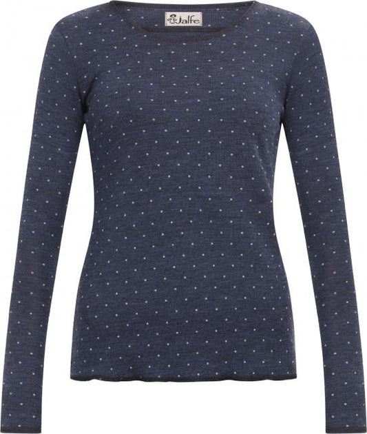 Wolle-Damenshirt Langarm  in Jeansblau mit hellen Tupfen von Jalfe