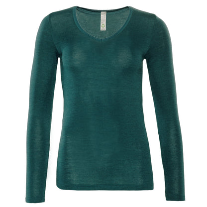 Langarm-Shirt Wolle/Seide in Dunkelgrün