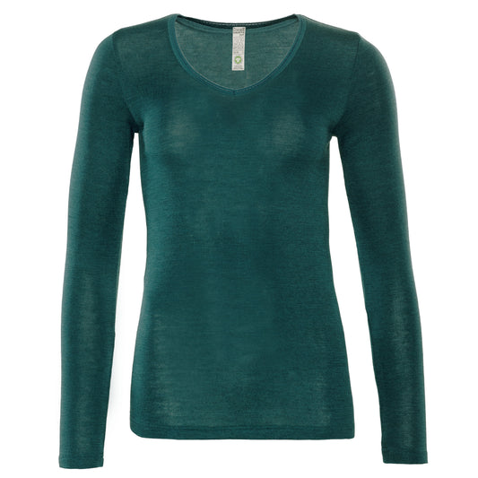 Langarm-Shirt Wolle/Seide in Dunkelgrün