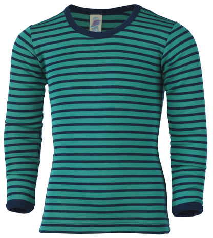 Langarmshirt Wolle/Seide in gestreift türkis/marine