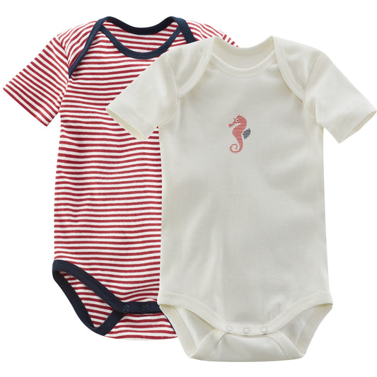 Doppelpack Kurzarm-Body Natur und Rot/Weiss gestreift von Living Craft