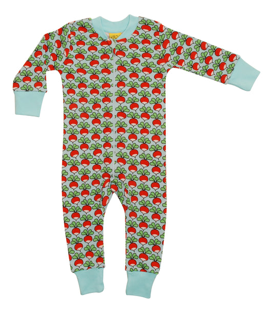 Einteiler-Pyjama mit Radiesli auf Wasserblau