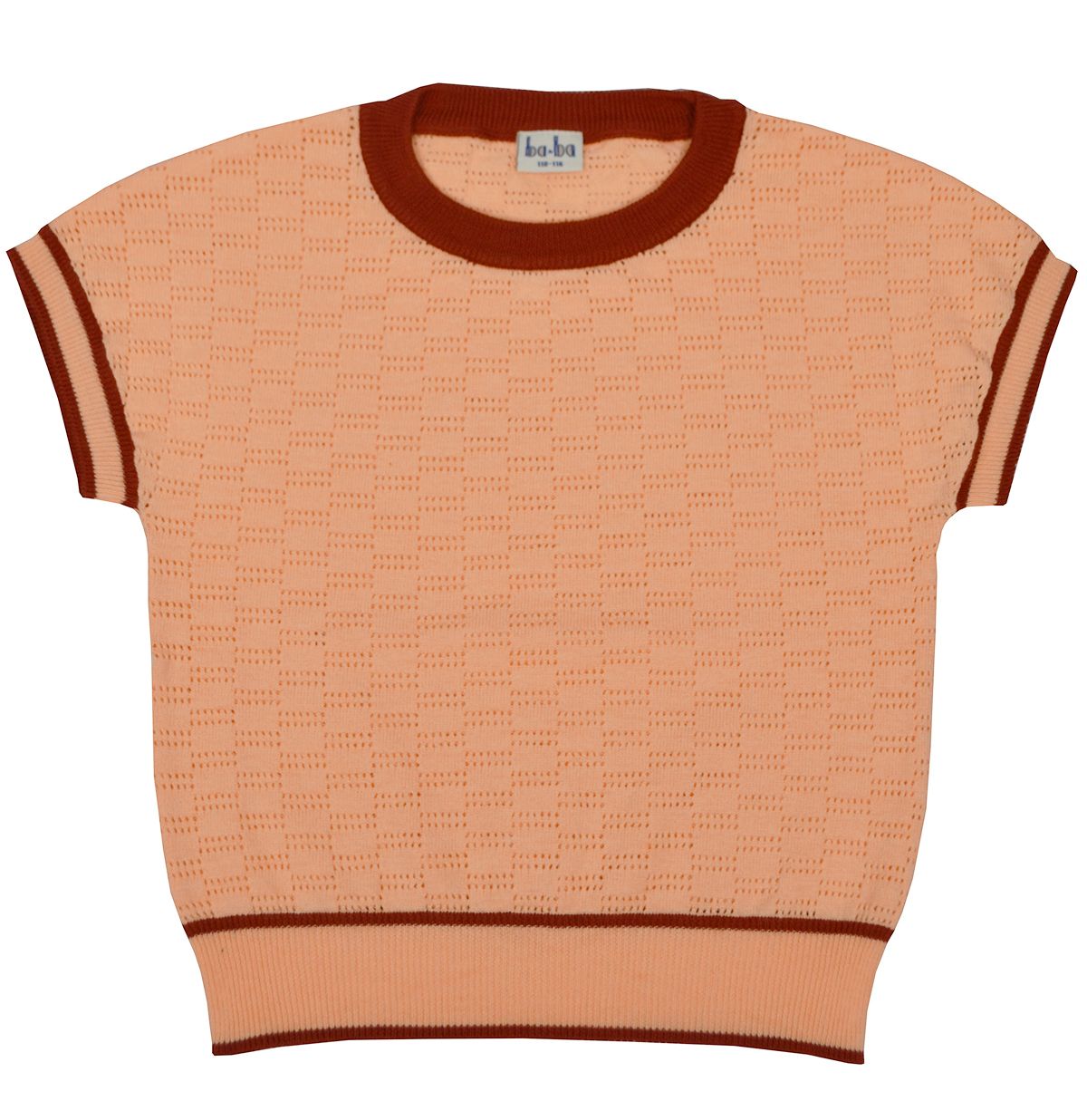 SALE: Strick-Shirt mit Löchli lachsrosa mit brauner Einfassung von Baba