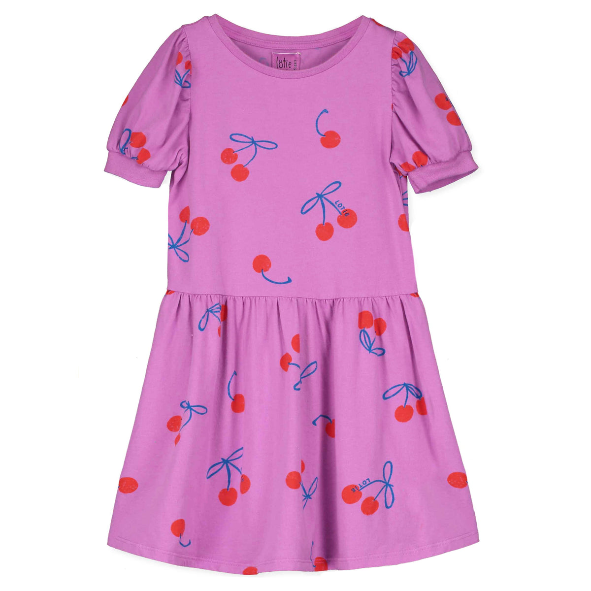 Kurzarm-Kleid mit Kirschen auf Magenta von Lötiekids