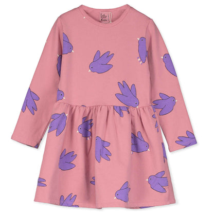 Langarm-Kleid mit Vögel auf Rosa von Lötiekids